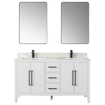 Laurel Bathroom Vanity with Calacatta White Quartz Stone Countertop, White, 60", With Mirror