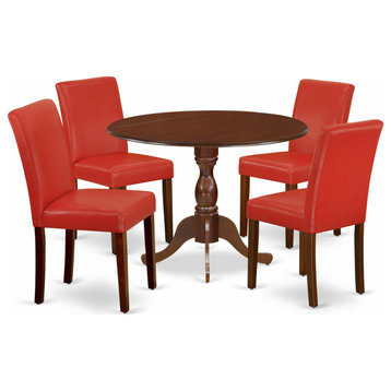 5-Piece Dining Set, 1 Drop Leaves Table, 4 Firebrick Red Pu Leather Chairs