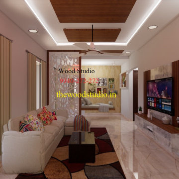 Living room and dining room Puja unit combined interior designing in Chennai