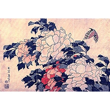 Tile Mural Kitchen Backsplash Japan, Poenies and Butterfly, Marble