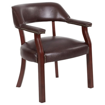 Traditional Guest Chair in Oxblood Red Vinyl and Mahogany Wood