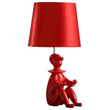 Benzara BM231809 Fabric Shade Table Lamp With Polyresin Sitting Clown Base, Red