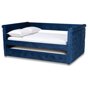 Baxton Studio Amaya Velvet and Wood Full Daybed with Trundle in Navy Blue