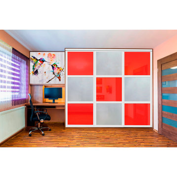 3 Panels Glass Panel Bypass Sliding Door with Frosted & Red Glass Insert, 72"x96" Inches