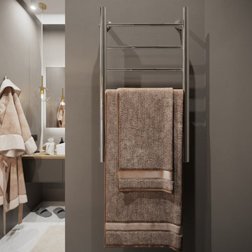 Apartment with black bedroom and bathroom