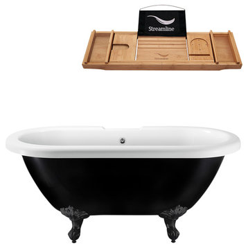 59" Black Clawfoot Tub and Tray, Black Feet, Chrome External Drain