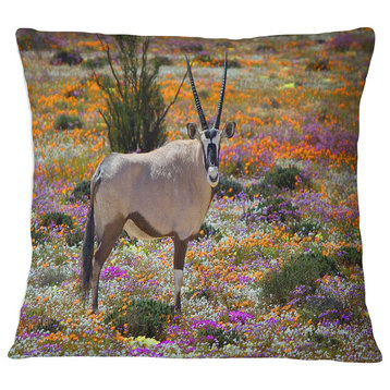 Beautiful Oryx in Flower Field African Wall Throw Pillow, 16"x16"