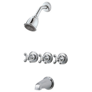 3 Handle Tub and Shower Faucet Trim With Metal Cross Handles, Polished Chrome