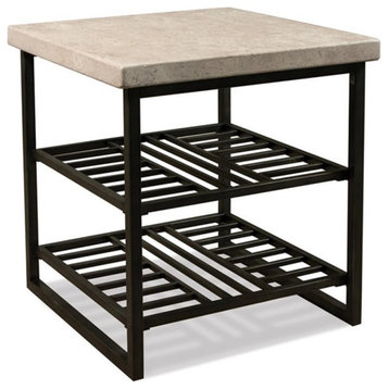 Bowery Hill Modern Stone/Metal End Table in Alabaster Travertine Stone