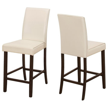 Dining Chair, Set Of 2, Counter Height, Pu Leather Look, Wood Legs, Beige, Brown