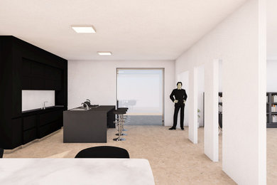 Imagen de comedor minimalista grande abierto con paredes blancas, suelo beige, panelado y cortinas