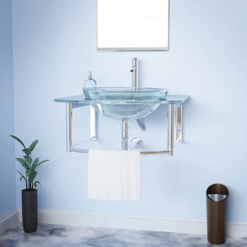 Round Glass Wall Mount Console Sink 23 3/4" with Faucet, Drain and Towel Bar
