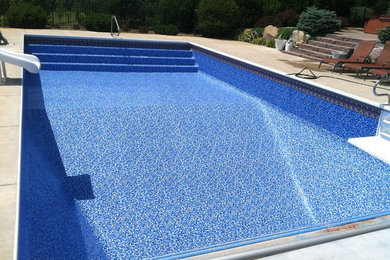 Diseño de piscina alargada clásica de tamaño medio rectangular en patio trasero con losas de hormigón