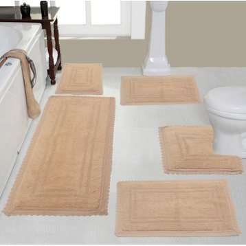 Opulent Reversible 100% Cotton Bath Rug Set, 5 Pcs Set with Contour, Linen