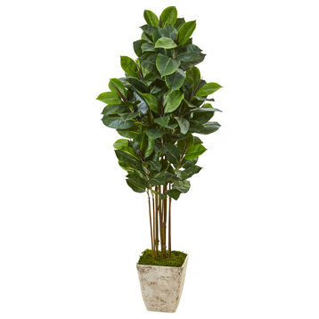 Nearly Natural 63� Rubber Leaf Artificial Tree in Country White Planter