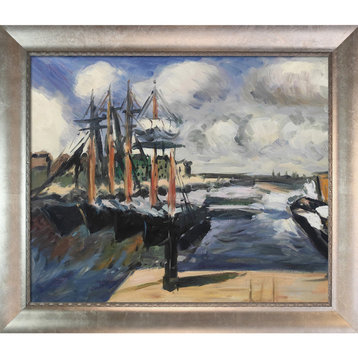 La Pastiche Four Boats Side by Side in Harbor with Swirl Lip Frame, 25" x 29"