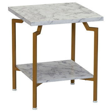 Crown Square Side End Table With Storage Shelf White Marble and Gold Metal