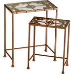 Cyan Design - Gunnison Nesting Tables, 2-Piece Set - The Gunnison Nesting Tables make an ideal addition to Mediterranean decor. Featuring bronze metal bases and glass tabletops with decorative metal panels beneath them, these two tables are elegant and classic. Display them next to a sofa or between a set of armchairs.