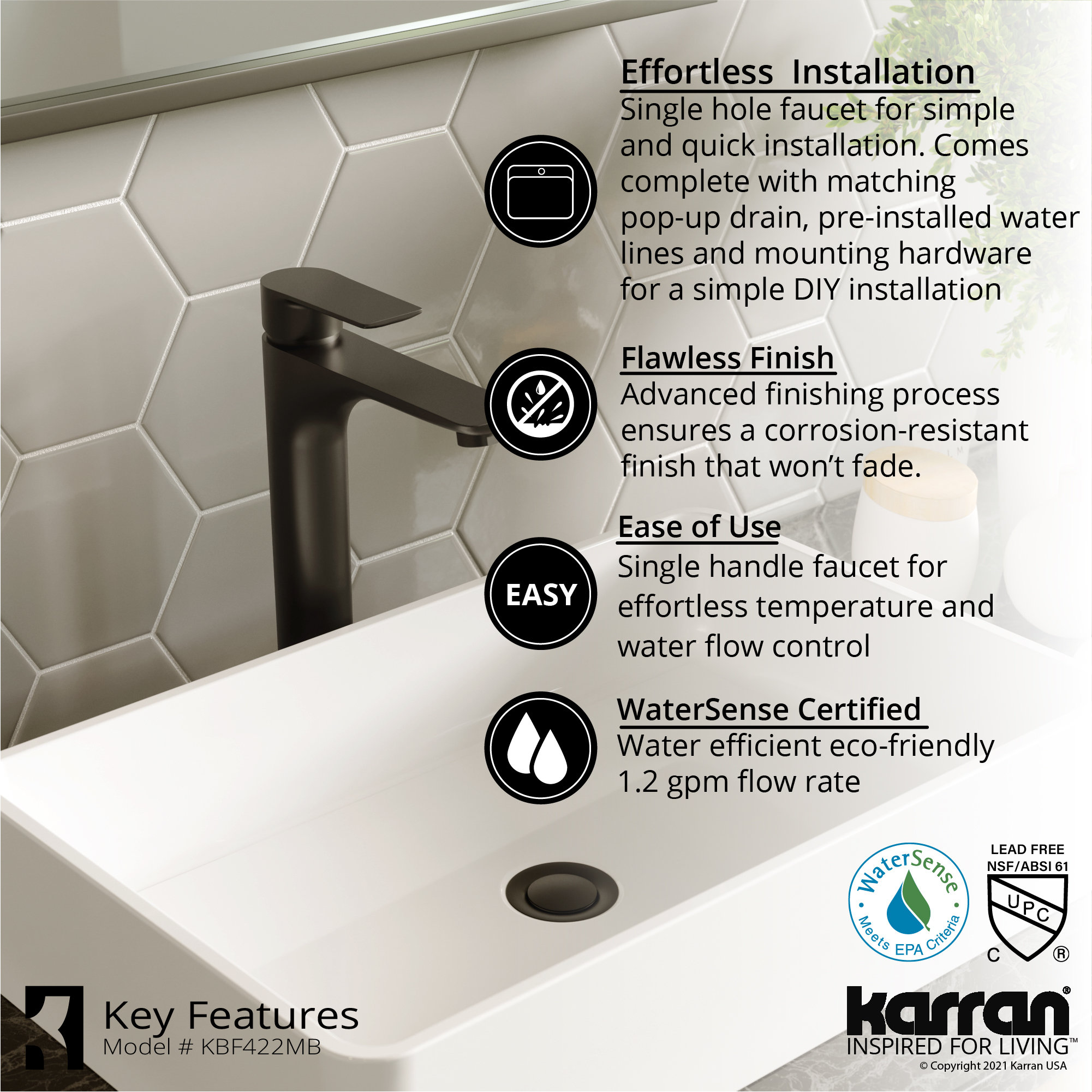 Karran White Acrylic 16" Square Vessel Sink With Faucet Kit, Matte Black