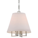 Crystorama - Libby Langdon for Crystorama Westwood 4 Light Polished Nickel Mini Chandelier - The signature Libby Langdon attention to detail is apparent in the Westwood collection. This light features an angular polished nickel frame topped with crisp white shades for an electric yet modern design. I truly believe design is in the details. An element I love with the Westwood collection is how the top loop mimics the same angles as the lower metal fretwork. It's a small attention to detail but a big part of the overall look because it artfully repeats the design theme and helps to balance the fixture, Libby Langdon Perfect for a dining area, living room or even entry way, this fabulous light will add the perfect accent to any space.