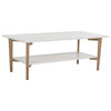 Scandinavian Coffee Table, Natural Brown Wood Legs With White Top & Lower Shelf