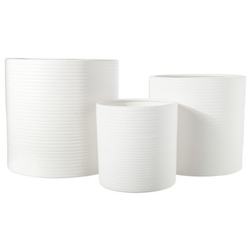 Round Ceramic Pot with Ribbed Pattern Design Matte White Finish, Set of 3