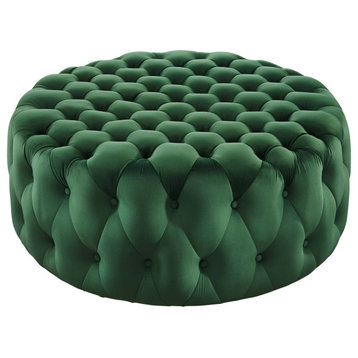 Round Ottoman Accent Tufted Chair, Green, Velvet, Modern, Lounge Hospitality