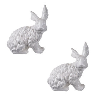 Fluffy Rabbit Statue Figurine, Set of 2, 10x5x11