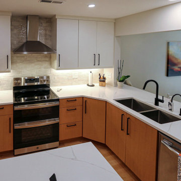 Two Tone Contemporary Euro Beech Wood and White Cabinetry Kitchen