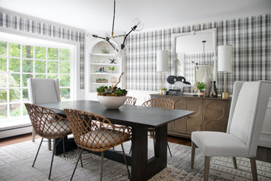 Inspiration for a transitional medium tone wood floor, brown floor and wallpaper enclosed dining room remodel in Other with white walls and no fireplace