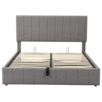 Queen Size Platform Bed, Linen Upholstery With Hydraulic Storage System, Gray