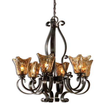 6-Light Old World Glass and Iron Chandelier