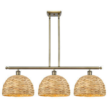 Woven Rattan 3-Light 12" Stem Island Pendant, Antique Brass With Natural Shade