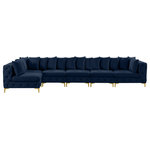 Meridian Furniture - Tremblay Modular Sectional, Navy, L-Shaped, 6-Piece: Armless (4), Corner (2) - Lean back and relax on this Tremblay sectional. Featuring soft navy velvet upholstery with deep button tufting, this sectional adds a bold touch to any living space. A complete set of gold and chrome legs are included, so you can change it up to suit your home decor. This sectional is modular, so you can create infinite configurations with it, which are easily attached using the latch underneath the frame. Its contemporary design is perfect for the modern home.
