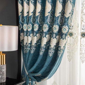 QYC225Q Bimberi Embossed Small Peony Luxury Chenille Blue Grey Custom Made Curta