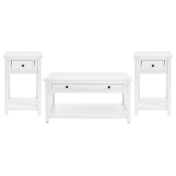 Coventry 36" Wood Coffee Table and Two End Tables with Drawers - White