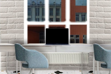 Imagen de despacho urbano con paredes blancas, suelo de baldosas de porcelana, escritorio independiente y suelo multicolor