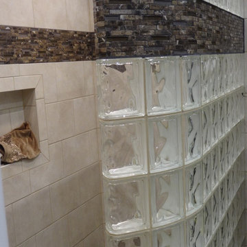 Curved glass block shower wall with ready for tile base Cleveland Ohio