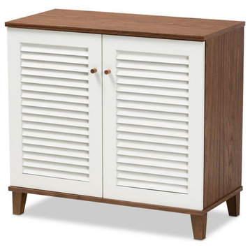 Baxton Studio Coolidge White and Walnut Finished 4-Shelf Wood Shoe Cabinet