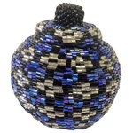 Bindah - Manggis Handwoven Art Glass Basket, Blues Silver Emblem - Hand-sewn crystal-cut glass beads adorn this small hand-woven rattan manggis basket. The crystal-cut silver glass beads catch the light in any spot throughout your house.