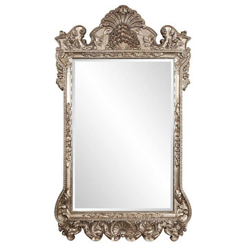 Mid Century Wall Mirror, Unique Ornate Frame & Beveled Edge, Antique Silver Leaf