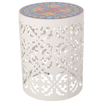 Misael Outdoor Lace Cut Side Table With Tile Top, White/Multi-Color