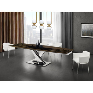 X Base Manual Dining Table with Stainless Base and Smoked Top