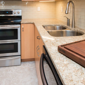 Contemporary Roma Stain Finish Kitchen Remodel w/ Bevel Edge Quartz Countertop