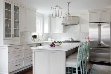 Transitional l-shaped dark wood floor and brown floor kitchen photo in Boston with shaker cabinets, white cabinets, stainless steel appliances and an island
