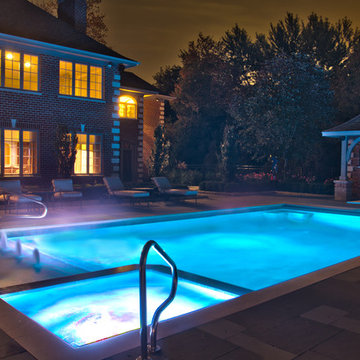 Bannockburn, IL swimming pool, hot tub inside pool, pool house and Pergola