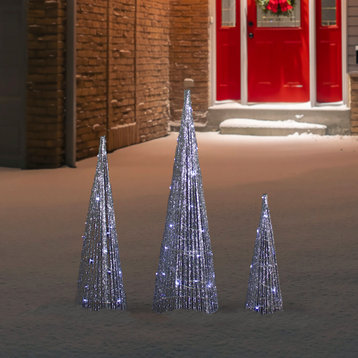 Set of 3 LED Lighted Silver Glitter Cone Tree Outdoor Decorations 23.5"