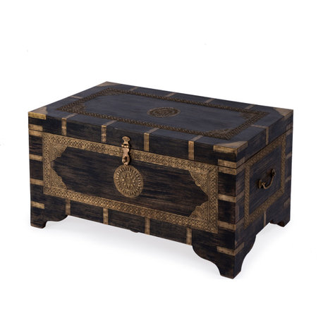 Nador Hand-Painted Brass Inlay Storage Trunk Coffee Table, Antique Coffee