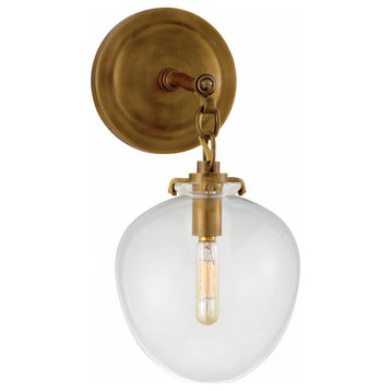 Bathroom Wall Sconce, 1-Light Acorn, Hand-Rubbed  Brass, Clear Glass, 13.5"H