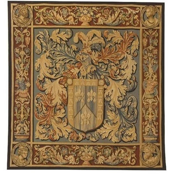 Tapestry Aubusson Fleur De Lis 53x57 57x53 Red With Backing and Rod